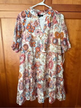 Silk Floral Tiered Boho Dress — Cream with Orange & Blue Floral Print